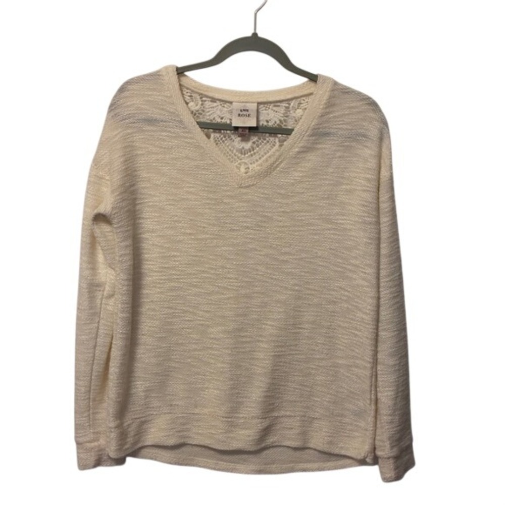 Knox Rose Womens Ivory Crochet Lace Back V-Neck Textured Knit Sweater XS Cream